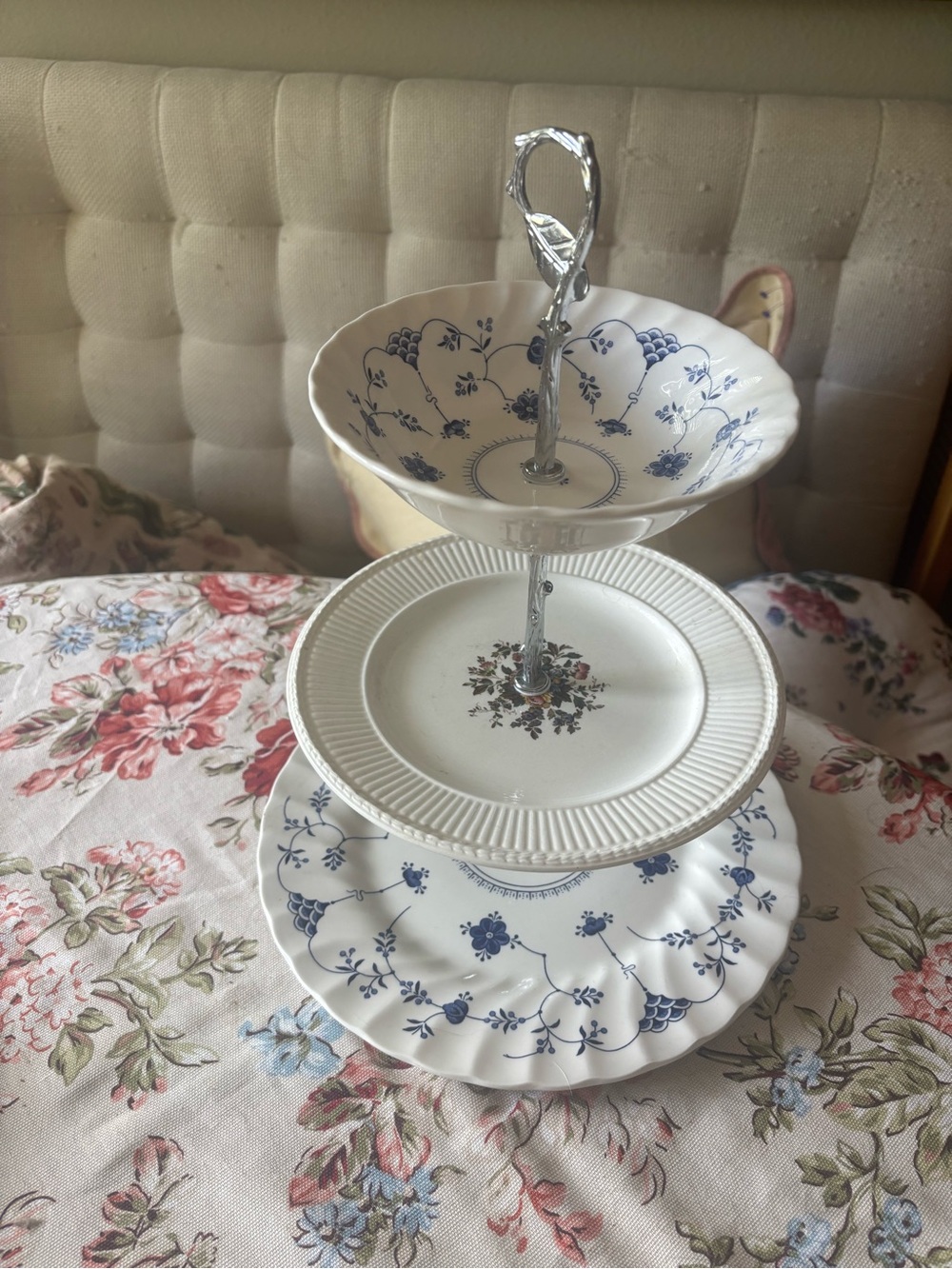 Three-Tier Porcelain Serving Stand - White with Blue Floral